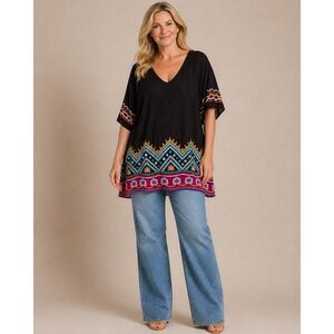 Double D Ranchwear Black Embroidered Tunic Top V-Neck Oversized Boho Fit = XL
